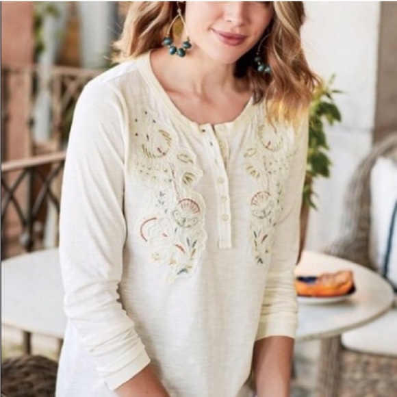 Soft Surroundings Tops - Soft Surroundings White Embroidered Long Sleeve Tee Size Medium